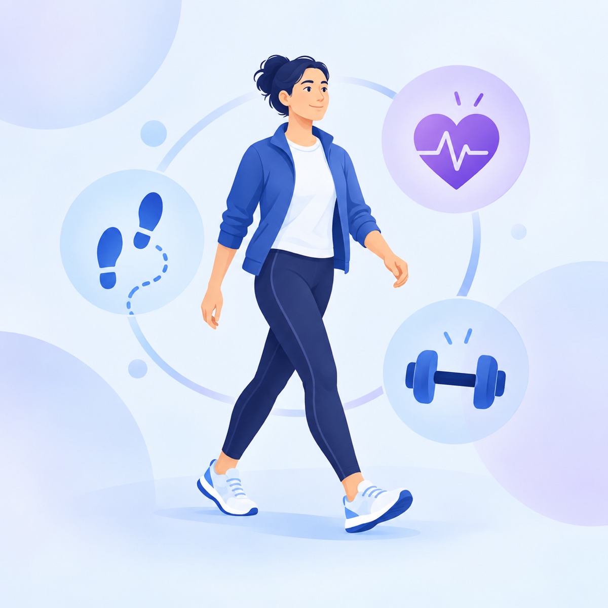 Square BodyWision visual showing a person walking with symbols for steps, cardiovascular exercise and strength training.