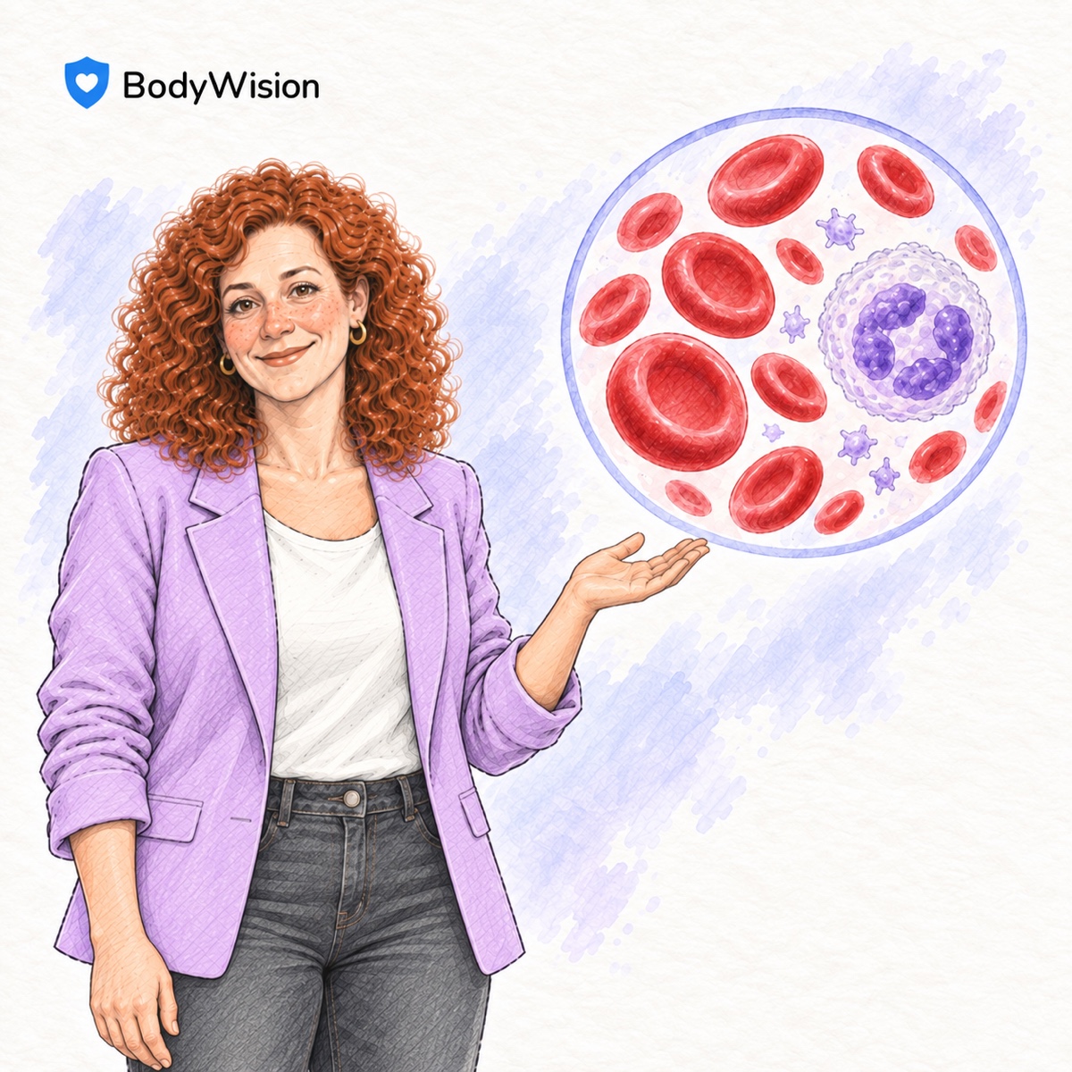 Square BodyWision illustration of a user with red and white blood cells and platelets.