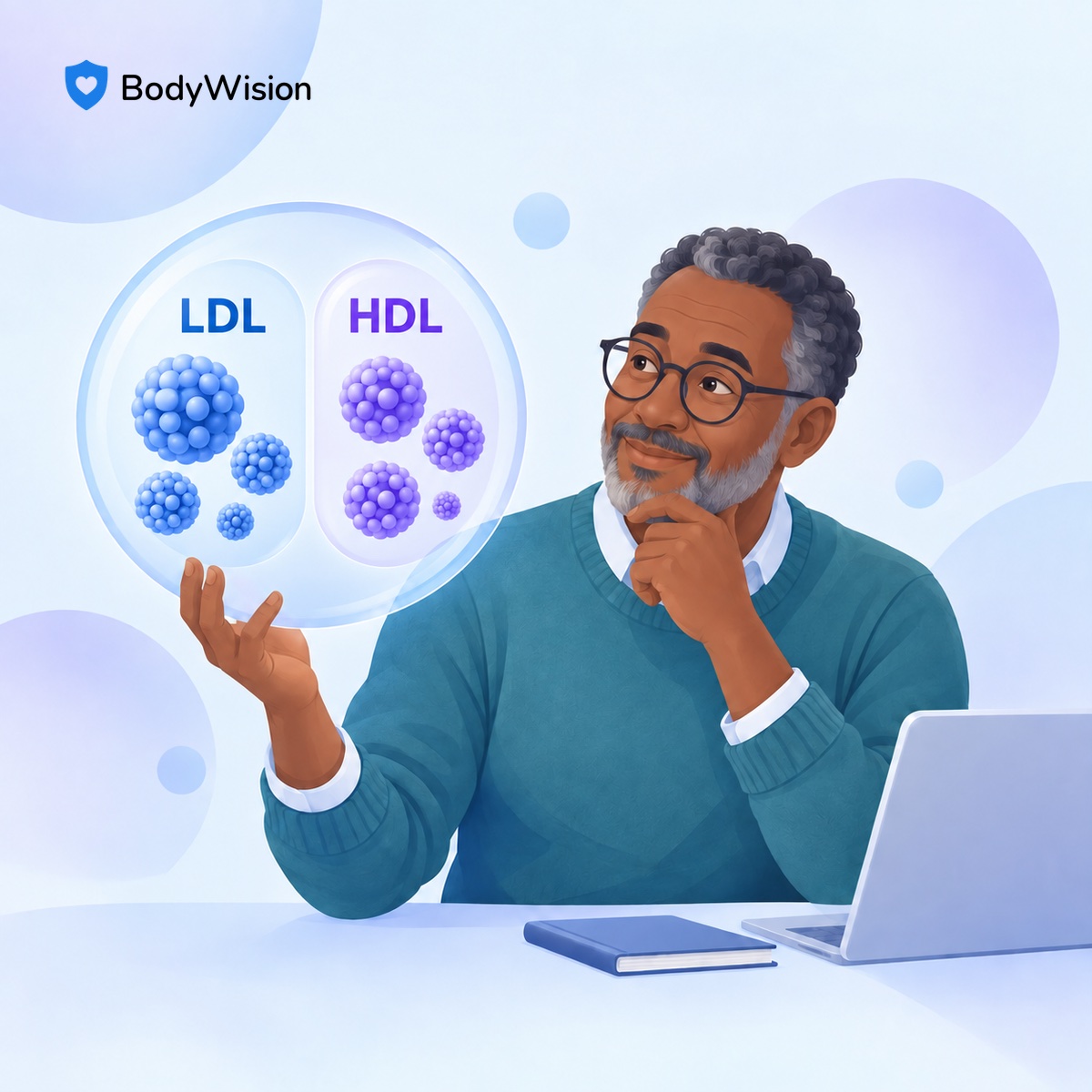 Square illustration of a person with separately displayed lipoprotein particles labelled LDL and HDL.