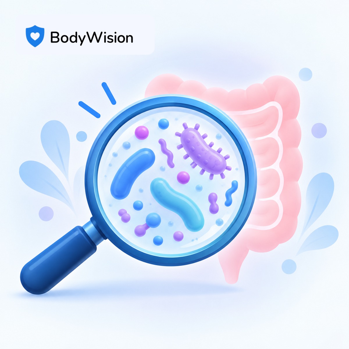 Gut microbiome and magnifying glass with different microorganisms