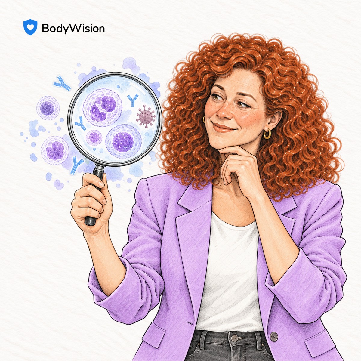 BodyWision female avatar with a magnifying glass and symbolic immune cells.