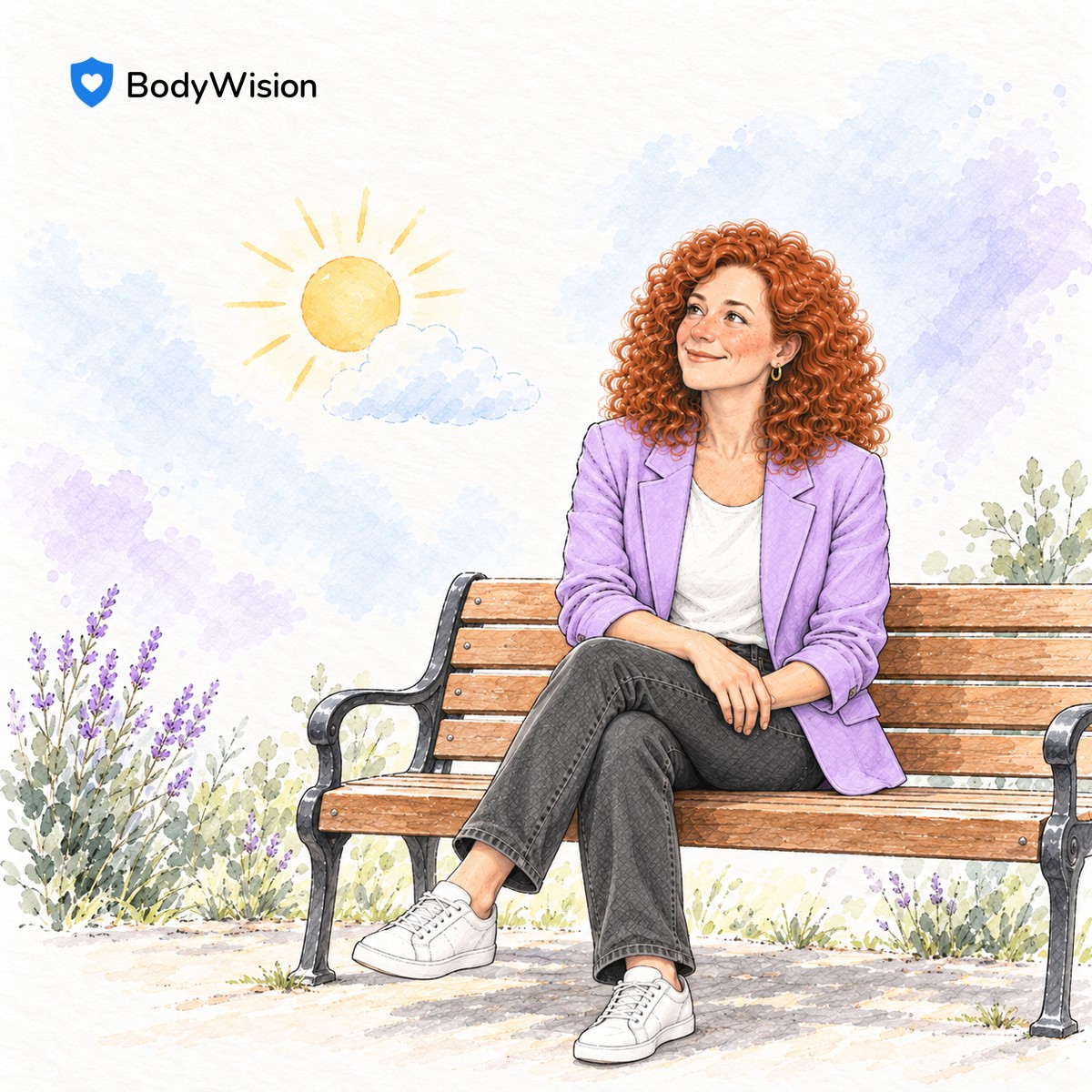 BodyWision female avatar sitting on a park bench with an illustrated sun and cloud.