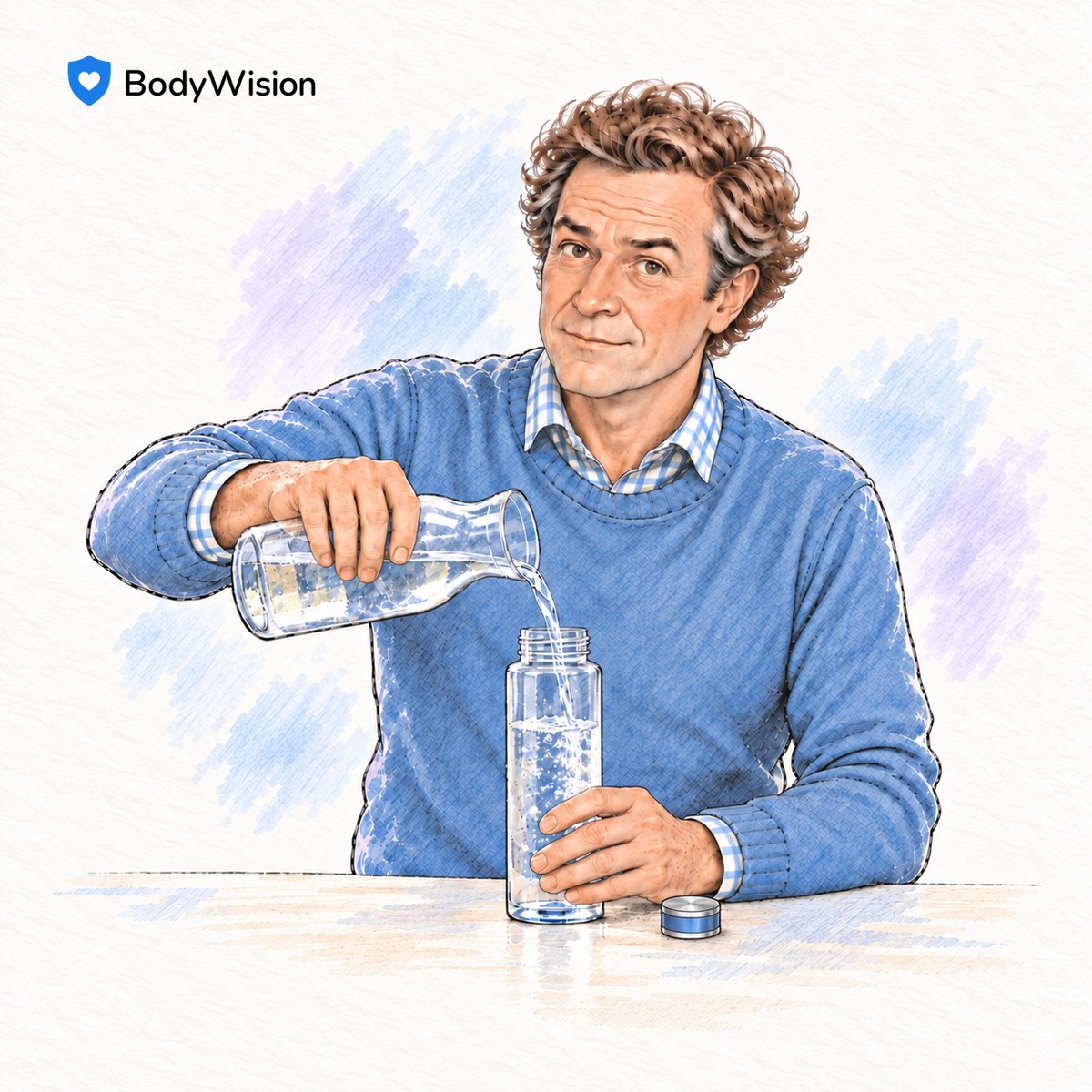 BodyWision illustration of a man pouring water into a drinking bottle.