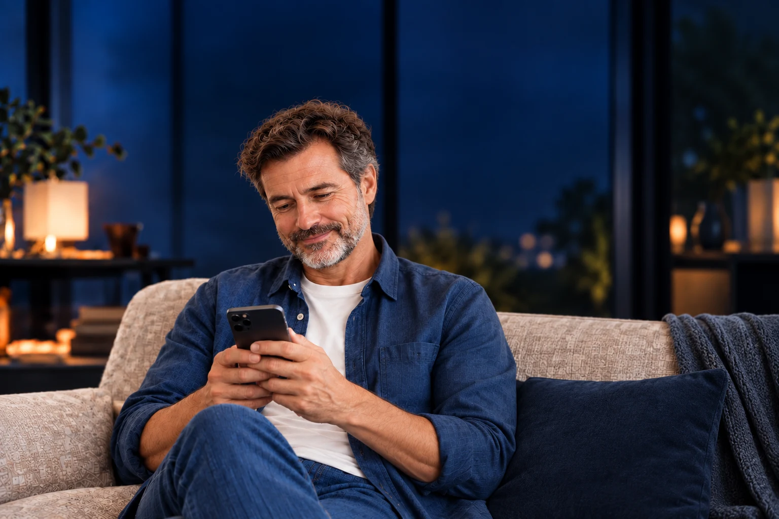 Man relaxing on a couch while using his smartphone